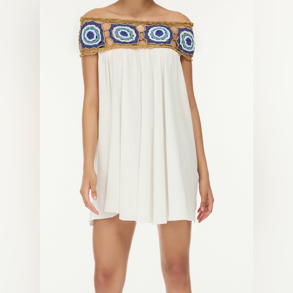 Off-Shoulder White Mini Dress with Blue Crochet Trim